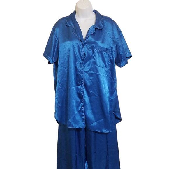 Edgemont Womens Satin Pajamas 1X Pants Top 2 Pc Lounge Set Blue Polyester - Picture 2 of 13